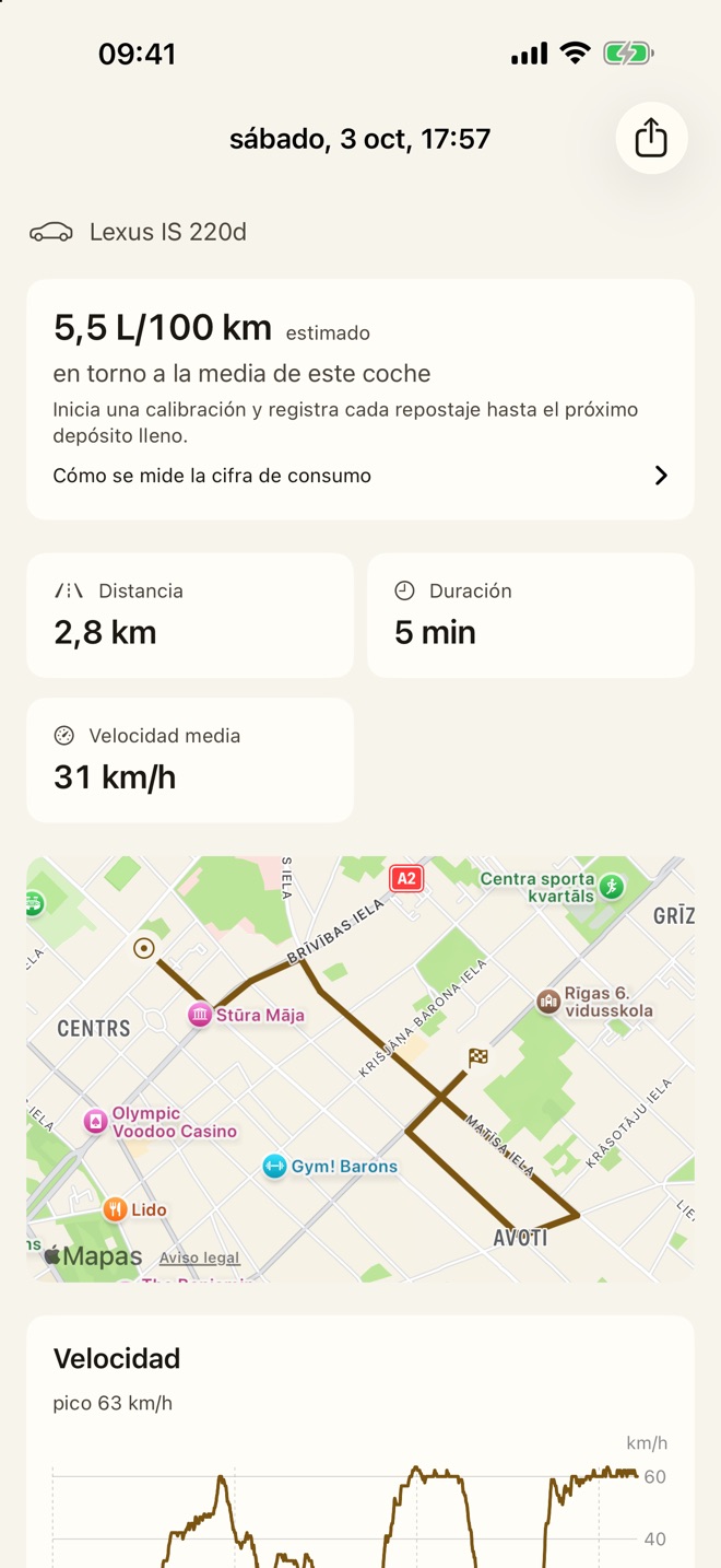 Un trayecto grabado con su ruta en el mapa