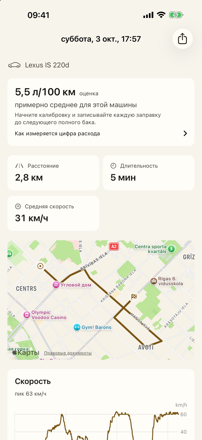 Записанная поездка с маршрутом на карте